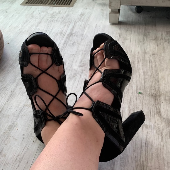 Tory Burch Suede & Patent Lace-Up Heels - Picture 3 of 10